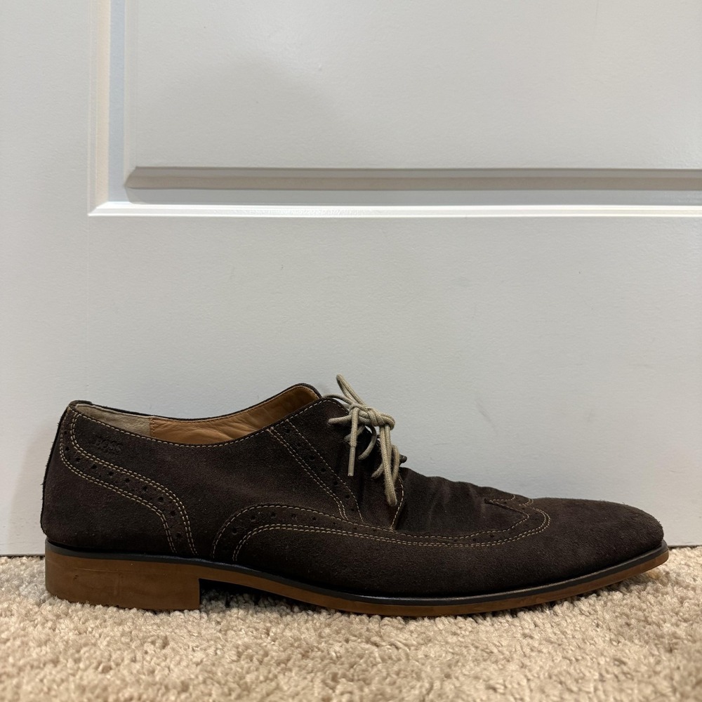Hugo Boss Shoes Mens Size 11.5 Brown Suede Wingtip Derby Dress Square Toe